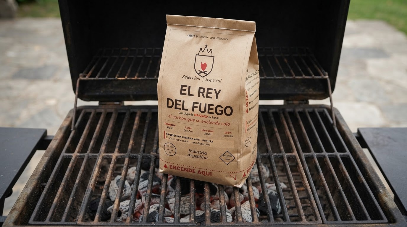 Parrilla encendida con una bolsa de El Rey del Fuego